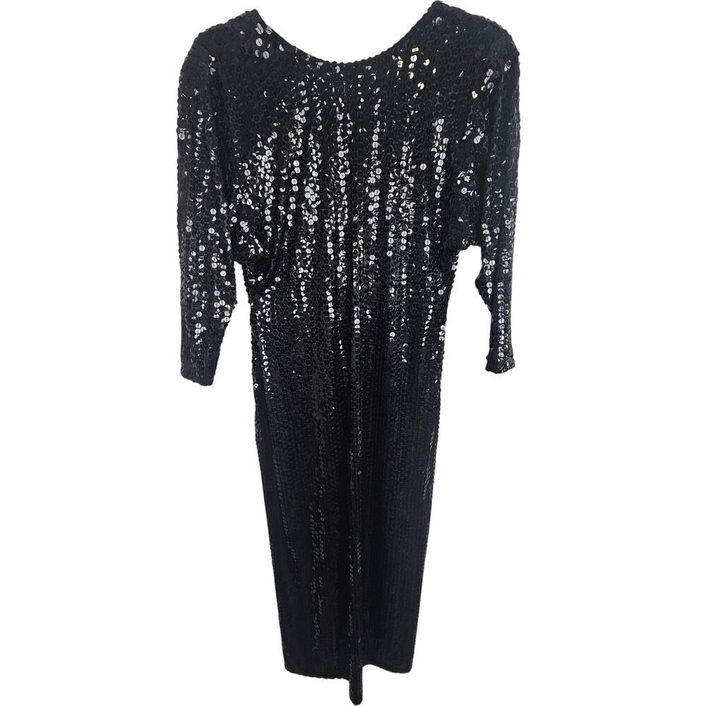 Vintage Oleg Cassini Womens Black Sequin Midi Dress Sz 6 Evening Black Tie Glam